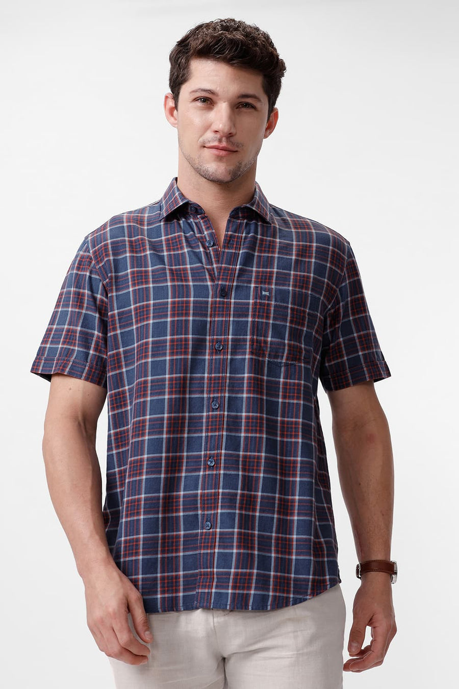 BASICS SLIM FIT NAVY SEA COTTON MELANGE CHECKS HALFSLEEVES SHIRT