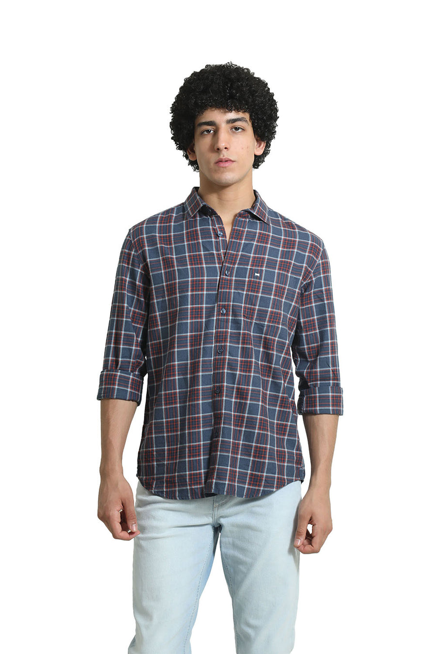 BASICS SLIM FIT NAVY SEA COTTON MELANGE CHECKS SHIRT