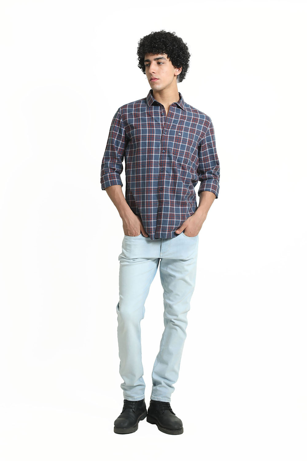 SLIM FIT COTTON MELANGE CHECKS SHIRT