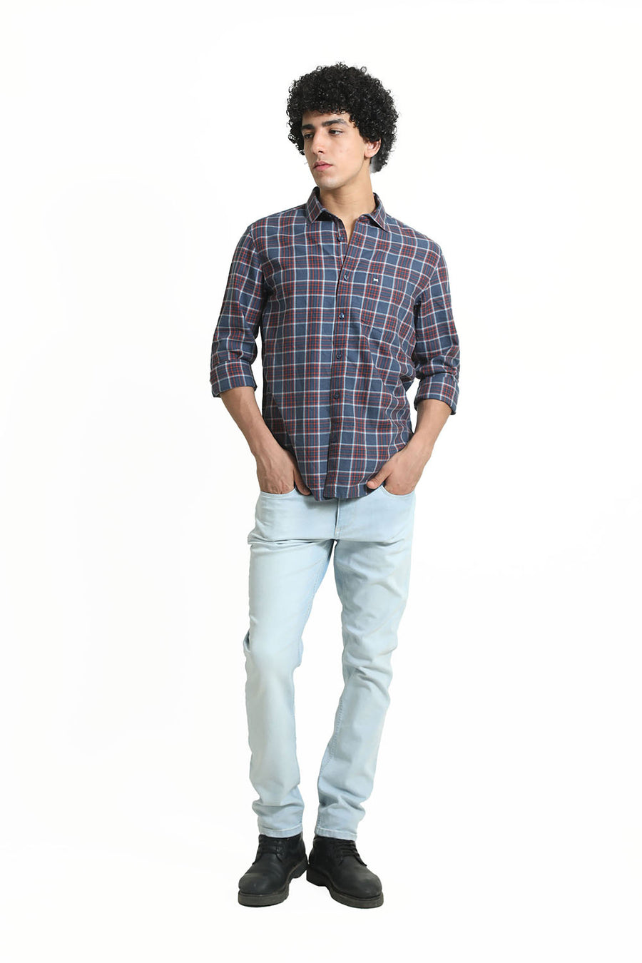 BASICS SLIM FIT NAVY SEA COTTON MELANGE CHECKS SHIRT