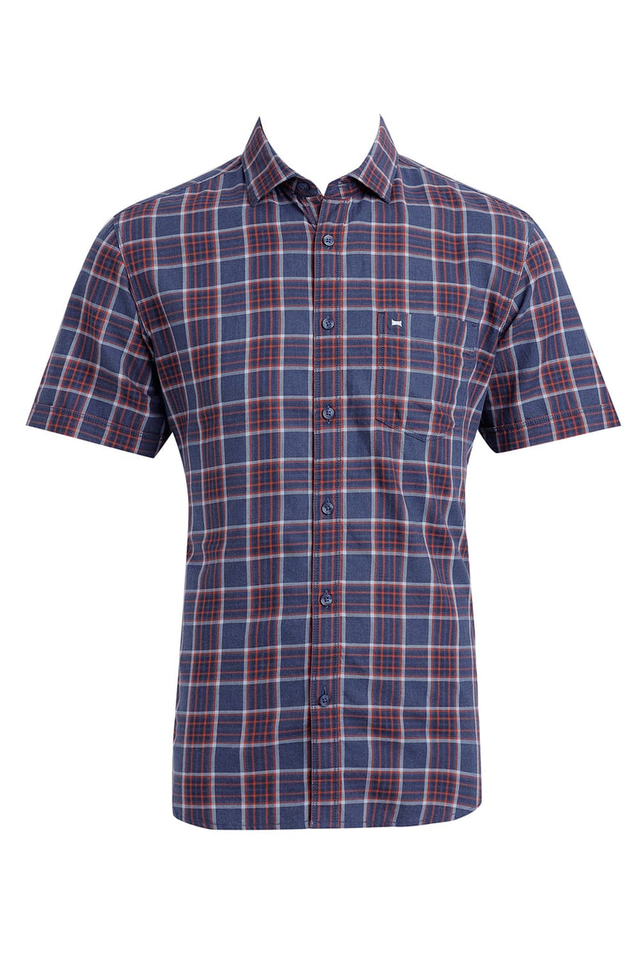 BASICS SLIM FIT NAVY SEA COTTON MELANGE CHECKS HALFSLEEVES SHIRT