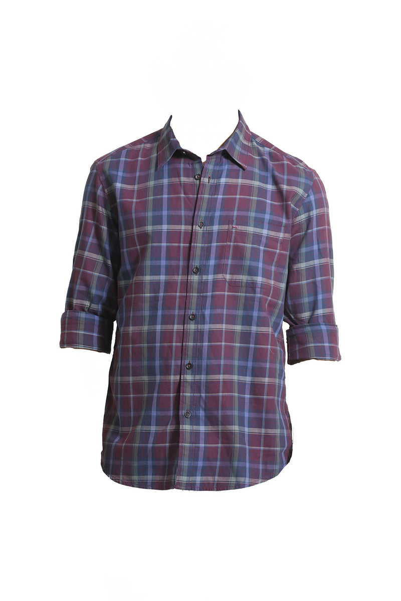 SLIM FIT COTTON MELANGE CHECKS SHIRT