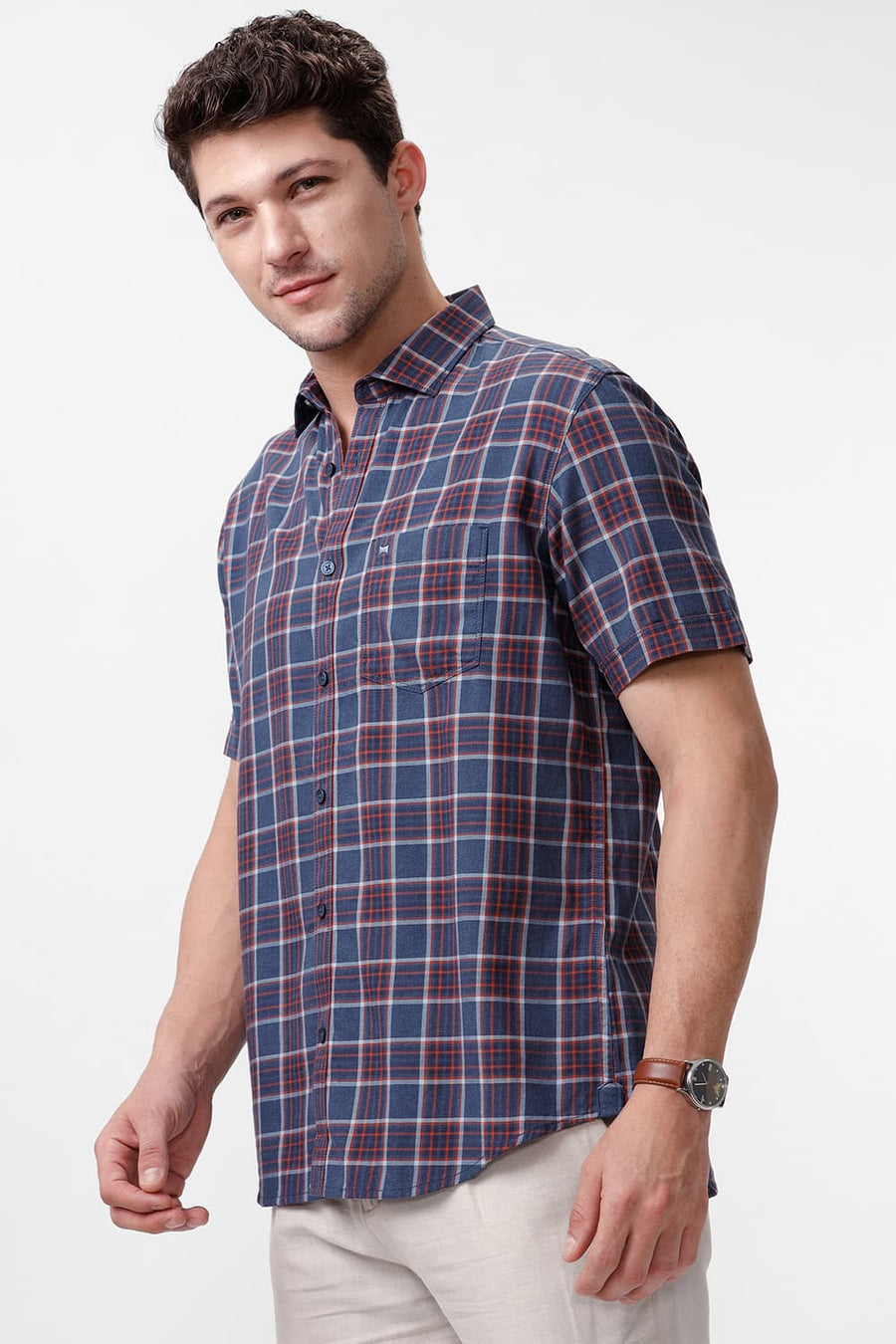 BASICS SLIM FIT NAVY SEA COTTON MELANGE CHECKS HALFSLEEVES SHIRT