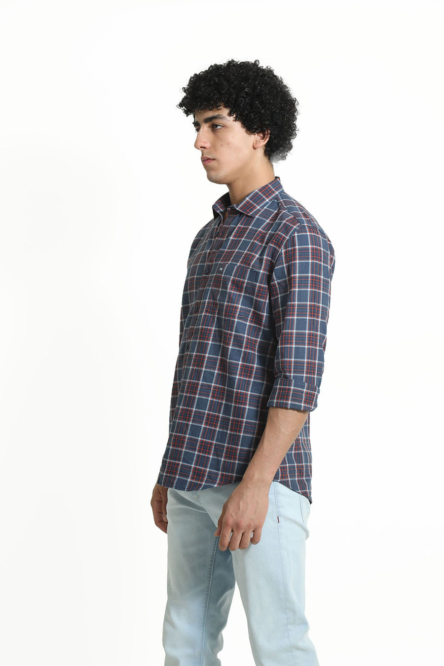 BASICS SLIM FIT NAVY SEA COTTON MELANGE CHECKS SHIRT