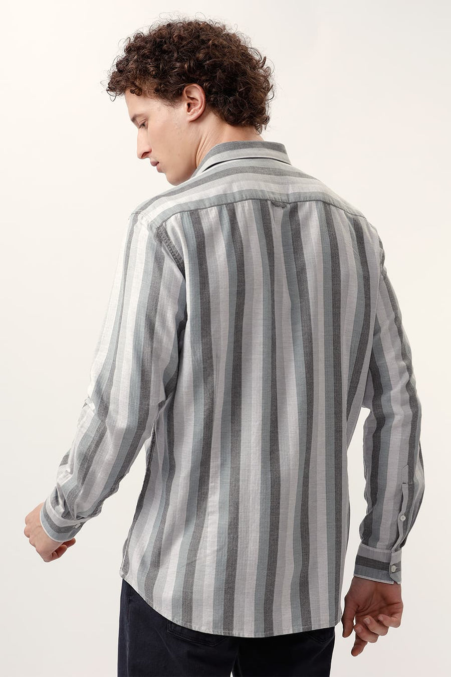 BASICS SLIM FIT ULTIMATE GREY COTTON MELANGE STRIPE SHIRT