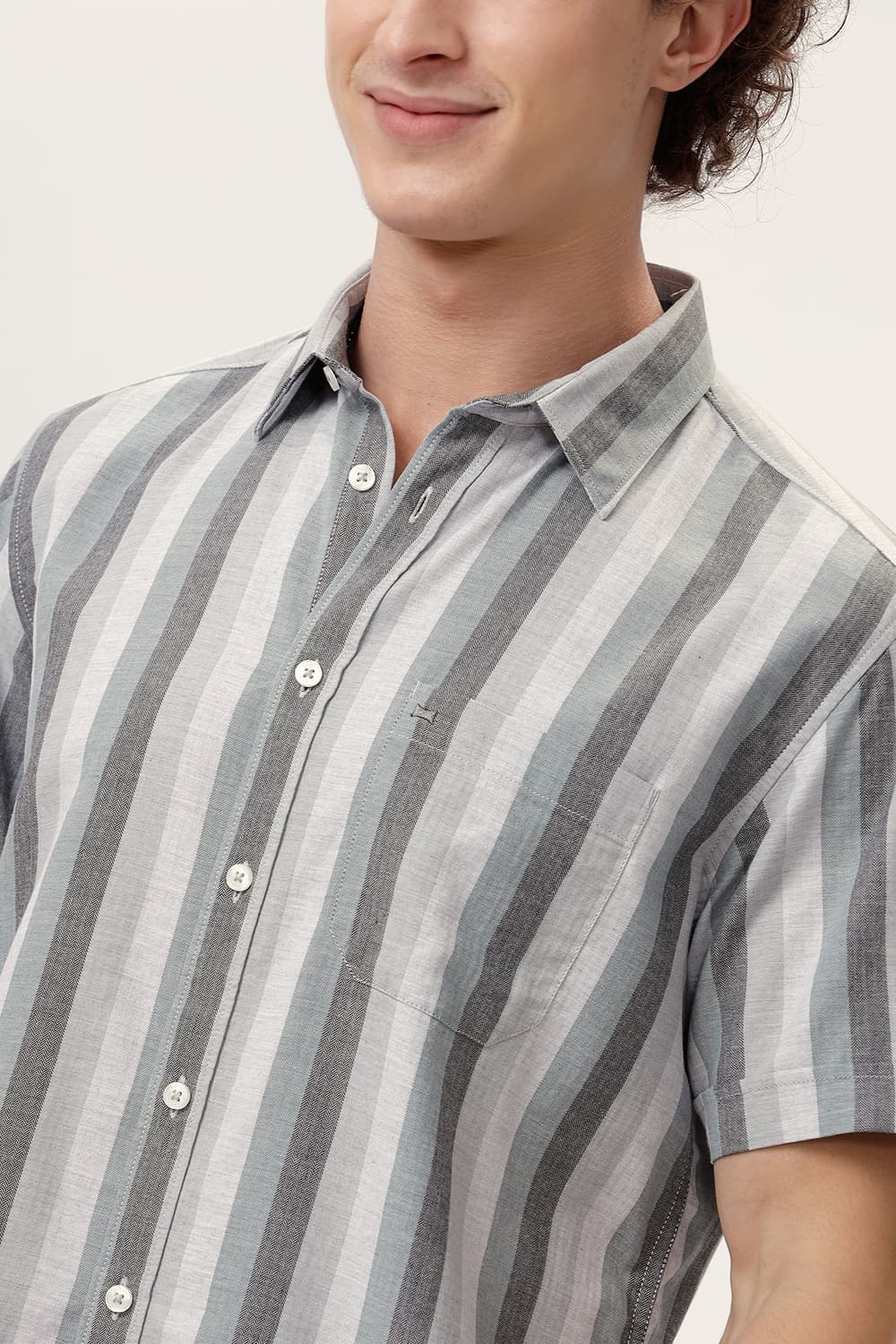 SLIM FIT COTTON MELANGE STRIPE HALFSLEEVES SHIRT