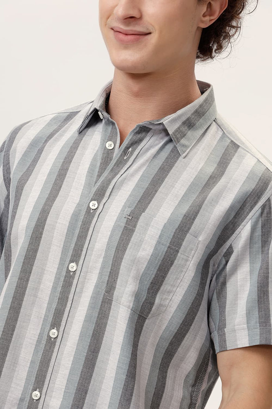BASICS SLIM FIT ULTIMATE GREY COTTON MELANGE STRIPE HALFSLEEVES SHIRT