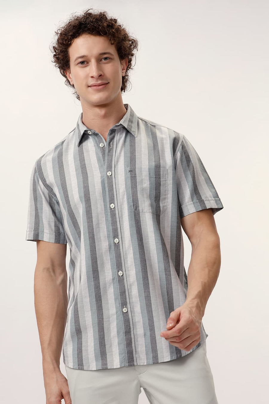 BASICS SLIM FIT ULTIMATE GREY COTTON MELANGE STRIPE HALFSLEEVES SHIRT