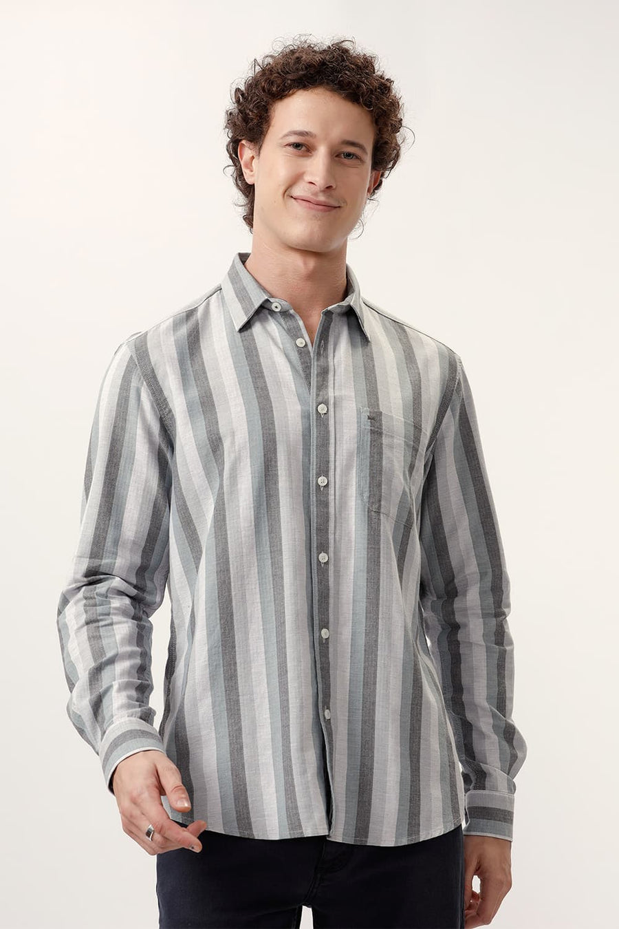 BASICS SLIM FIT ULTIMATE GREY COTTON MELANGE STRIPE SHIRT