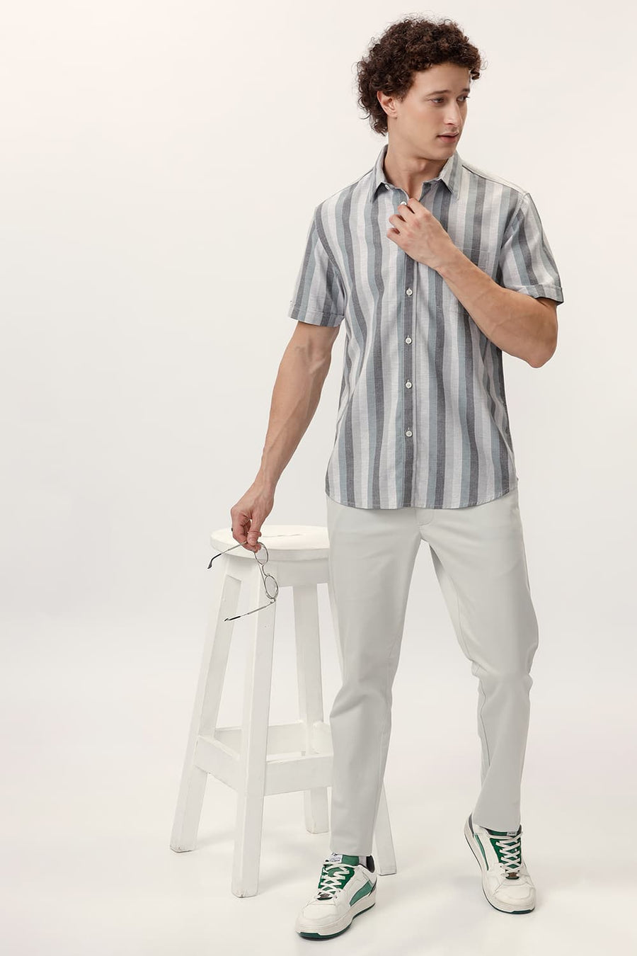 BASICS SLIM FIT ULTIMATE GREY COTTON MELANGE STRIPE HALFSLEEVES SHIRT