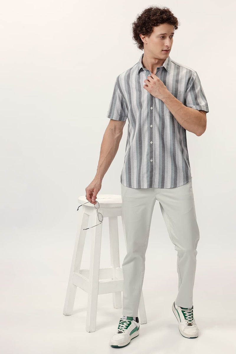 SLIM FIT COTTON MELANGE STRIPE HALFSLEEVES SHIRT
