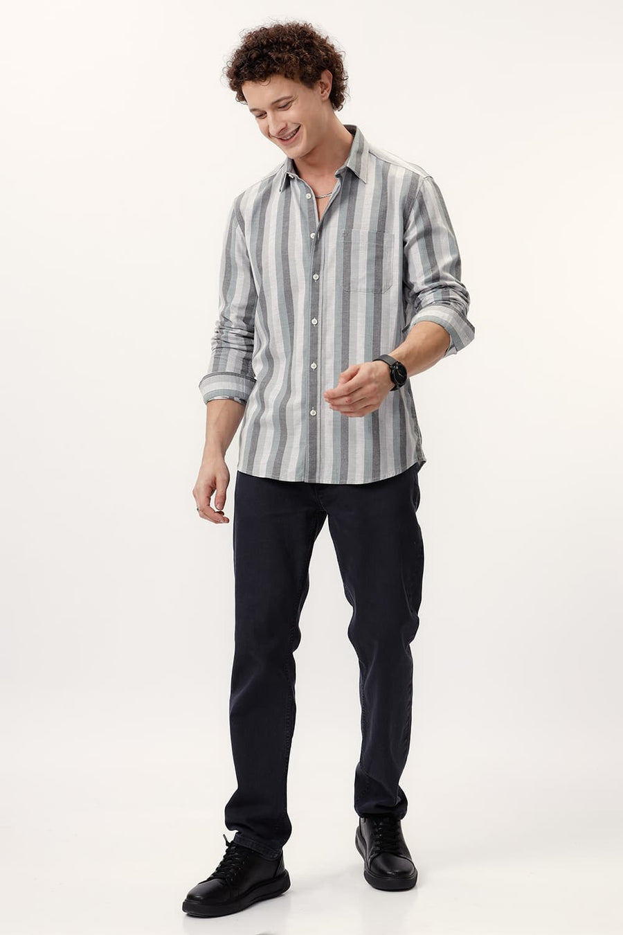 BASICS SLIM FIT ULTIMATE GREY COTTON MELANGE STRIPE SHIRT