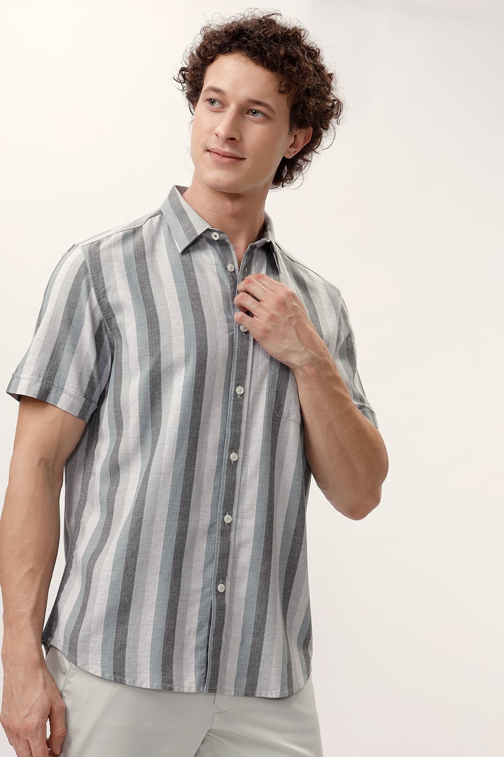 SLIM FIT COTTON MELANGE STRIPE HALFSLEEVES SHIRT