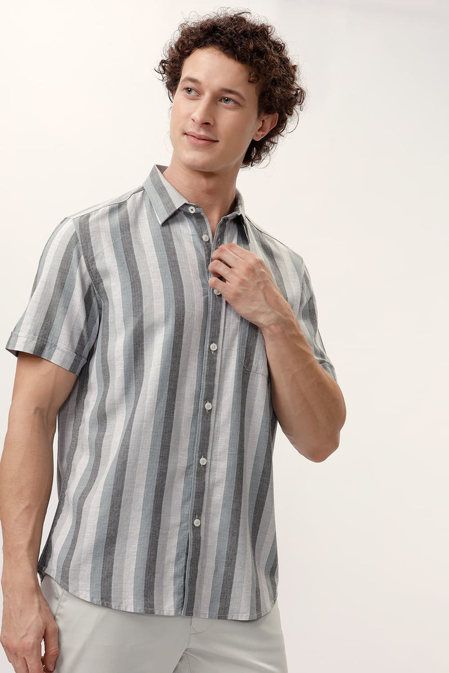 BASICS SLIM FIT ULTIMATE GREY COTTON MELANGE STRIPE HALFSLEEVES SHIRT