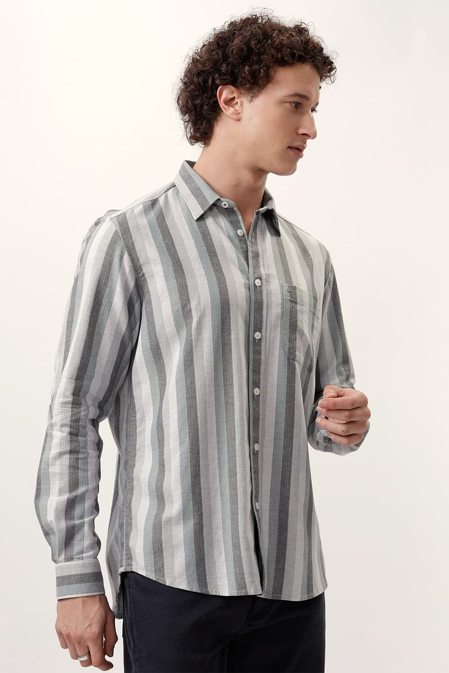 BASICS SLIM FIT ULTIMATE GREY COTTON MELANGE STRIPE SHIRT
