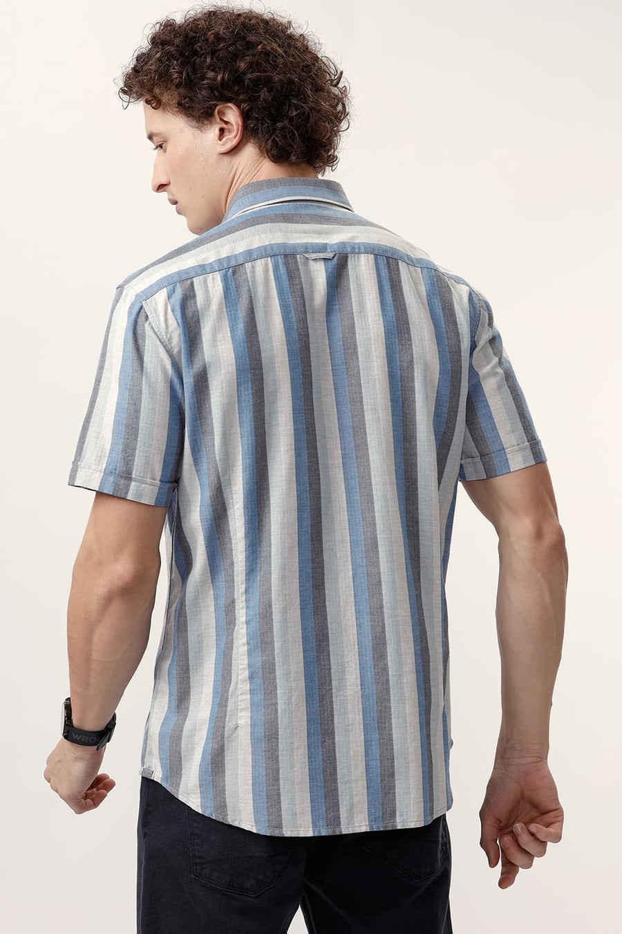 BASICS SLIM FIT BLUE ASTER COTTON MELANGE STRIPE HALFSLEEVES SHIRT