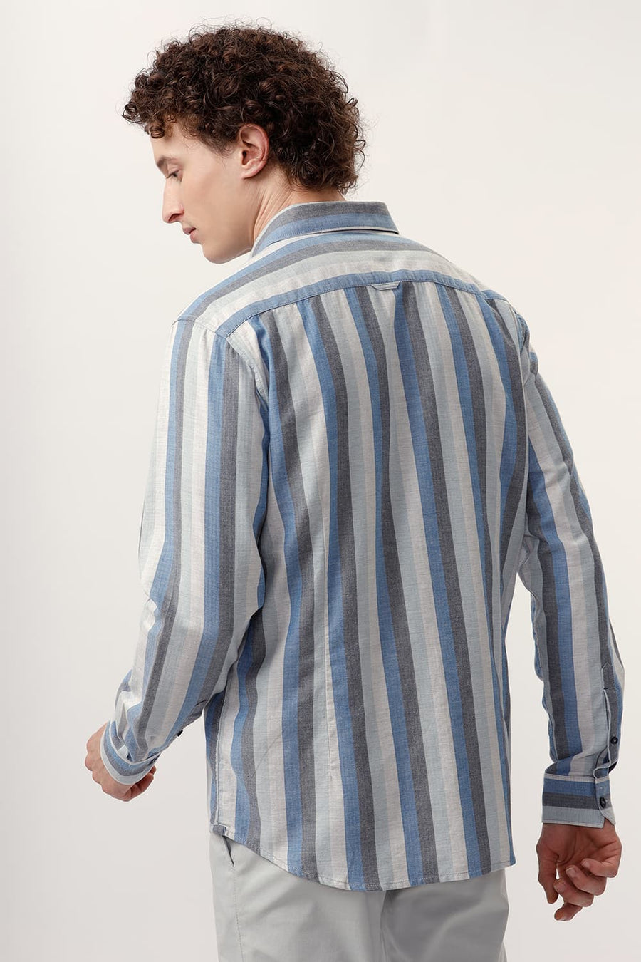 BASICS SLIM FIT BLUE ASTER COTTON MELANGE STRIPE SHIRT