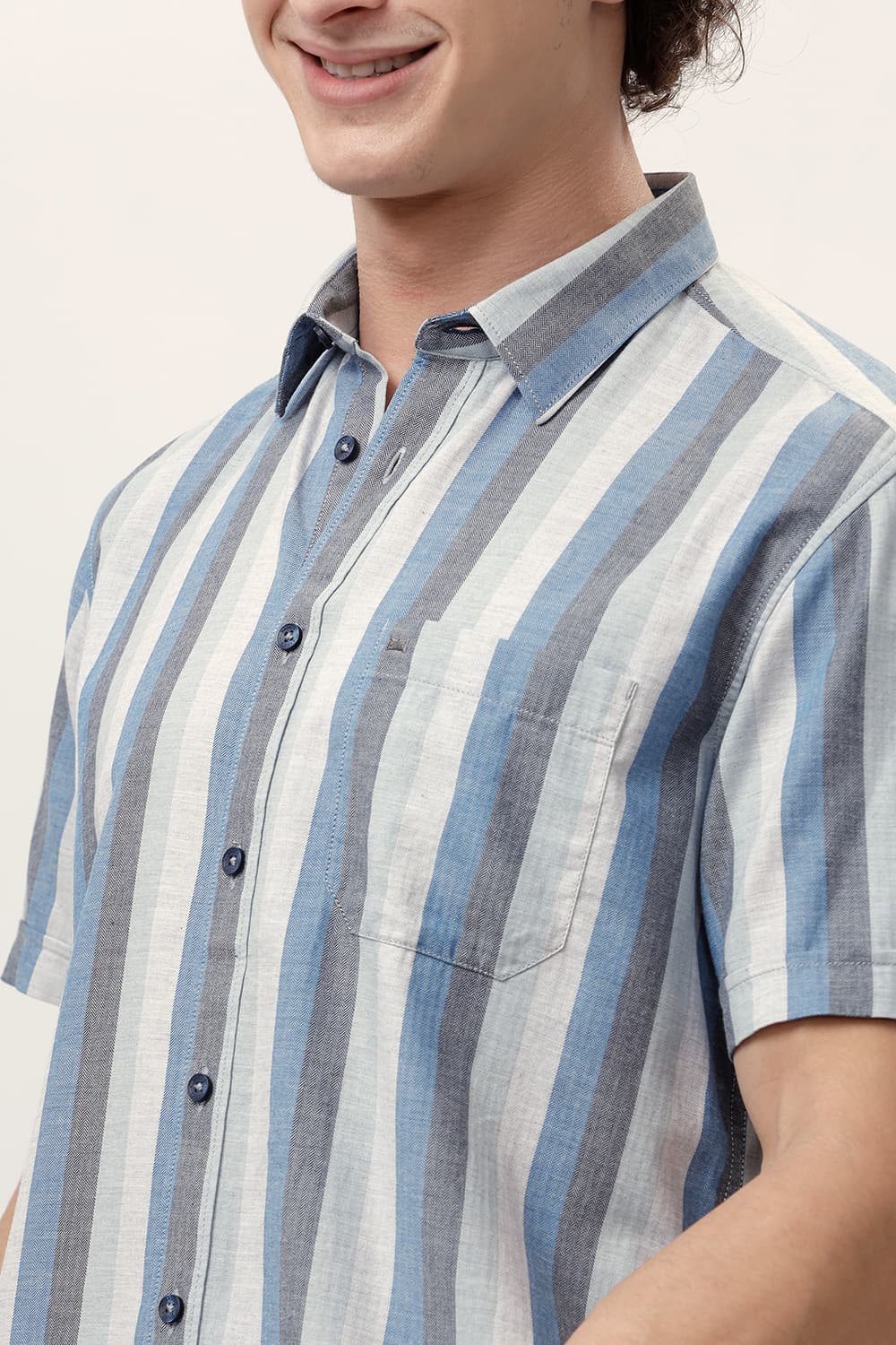 SLIM FIT COTTON MELANGE STRIPE HALFSLEEVES SHIRT