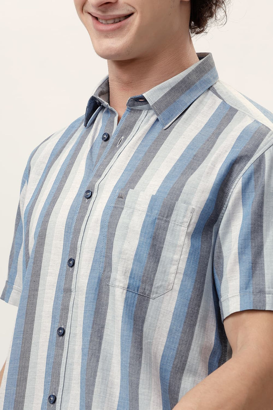 BASICS SLIM FIT BLUE ASTER COTTON MELANGE STRIPE HALFSLEEVES SHIRT