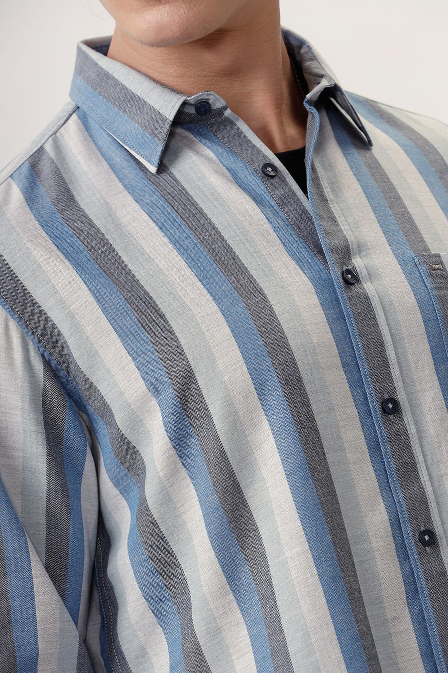 BASICS SLIM FIT BLUE ASTER COTTON MELANGE STRIPE SHIRT