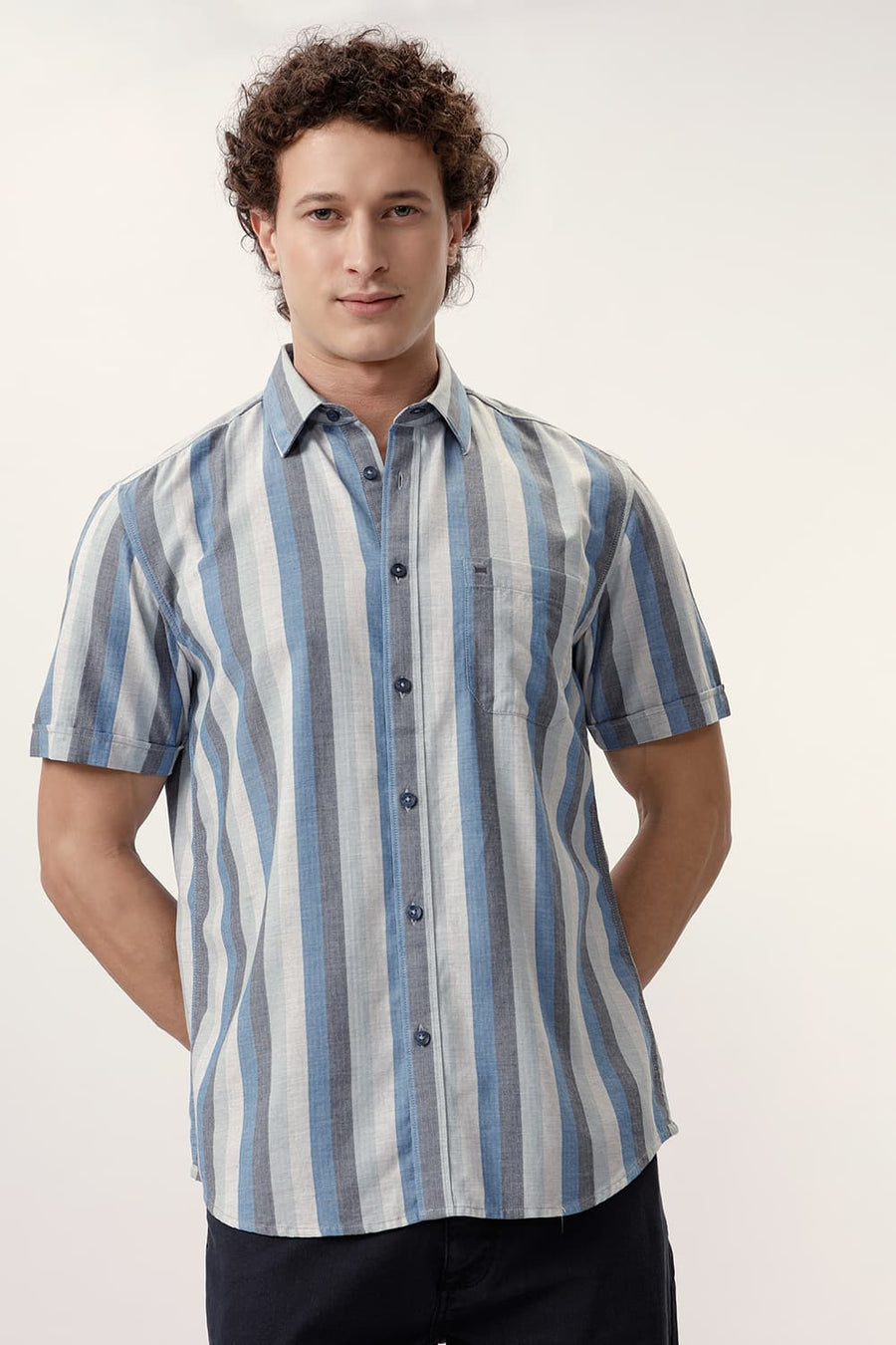 BASICS SLIM FIT BLUE ASTER COTTON MELANGE STRIPE HALFSLEEVES SHIRT