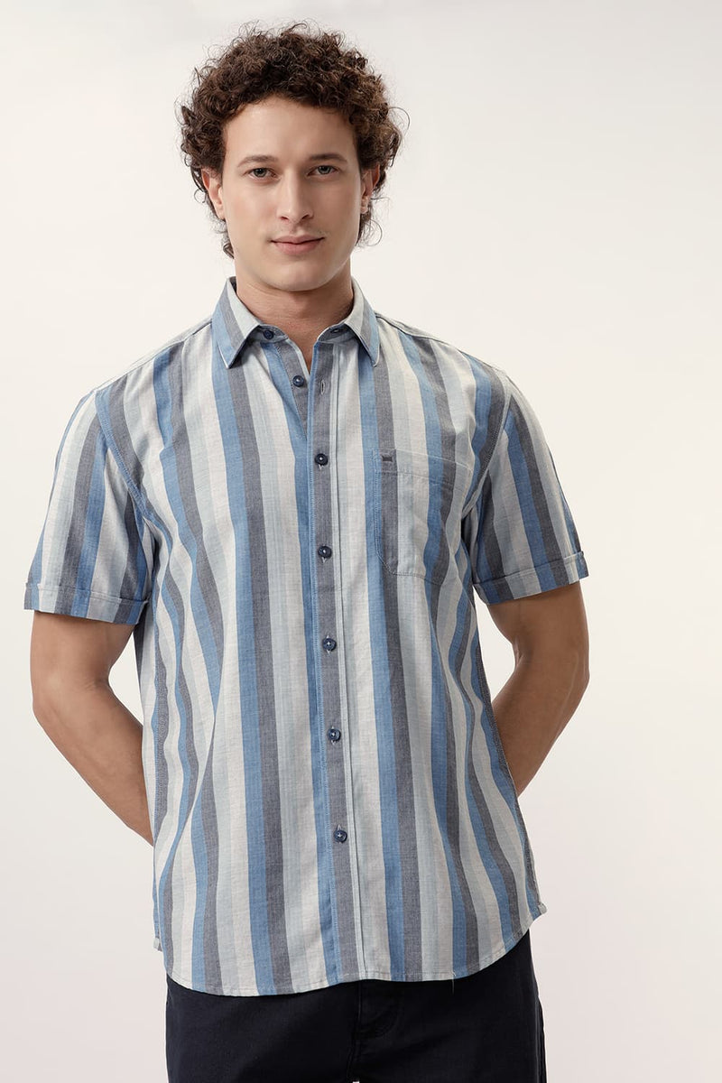 SLIM FIT COTTON MELANGE STRIPE HALFSLEEVES SHIRT