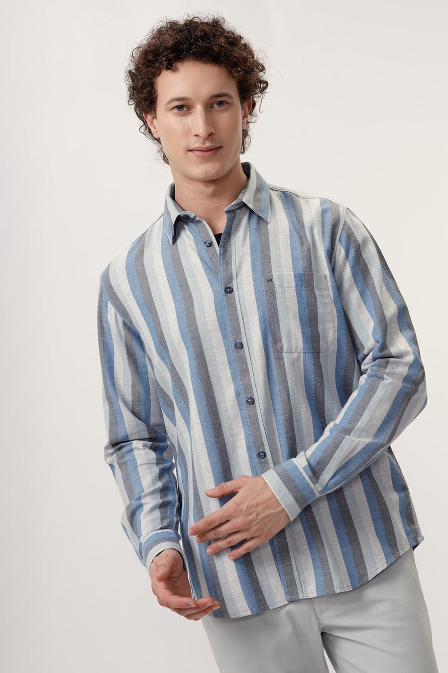BASICS SLIM FIT BLUE ASTER COTTON MELANGE STRIPE SHIRT
