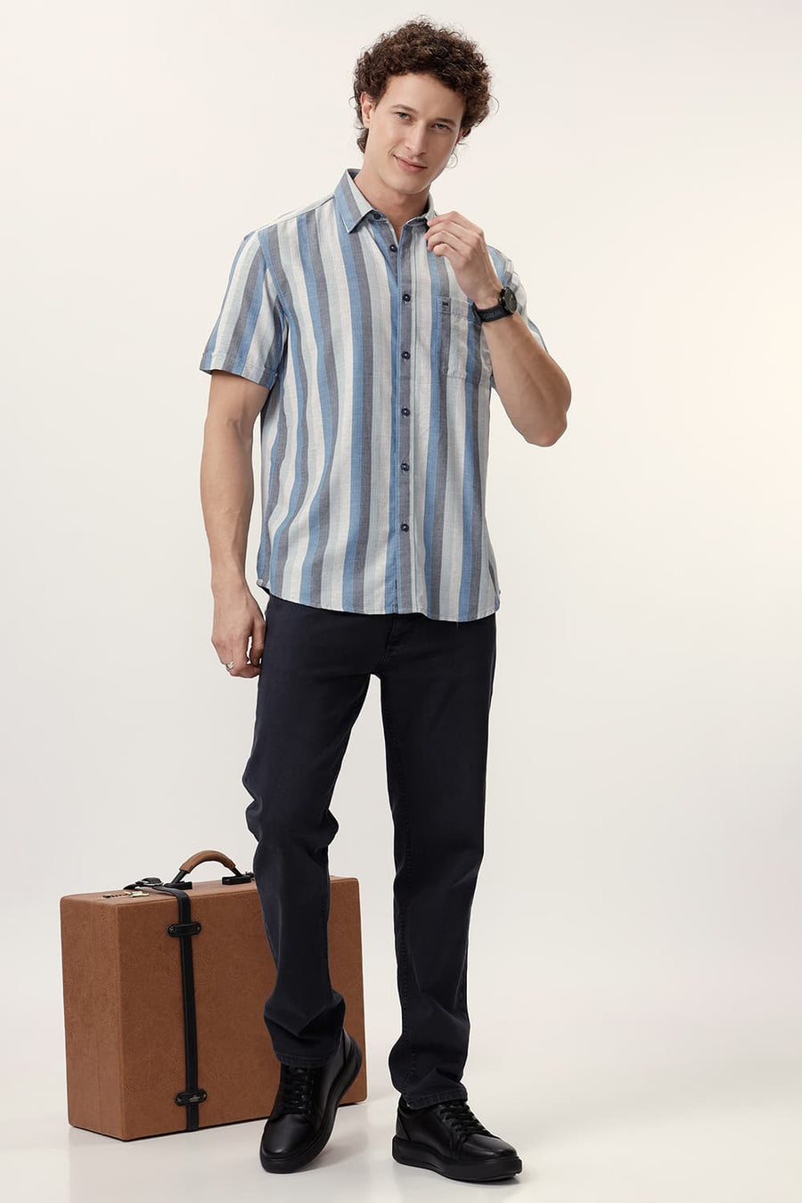 BASICS SLIM FIT BLUE ASTER COTTON MELANGE STRIPE HALFSLEEVES SHIRT