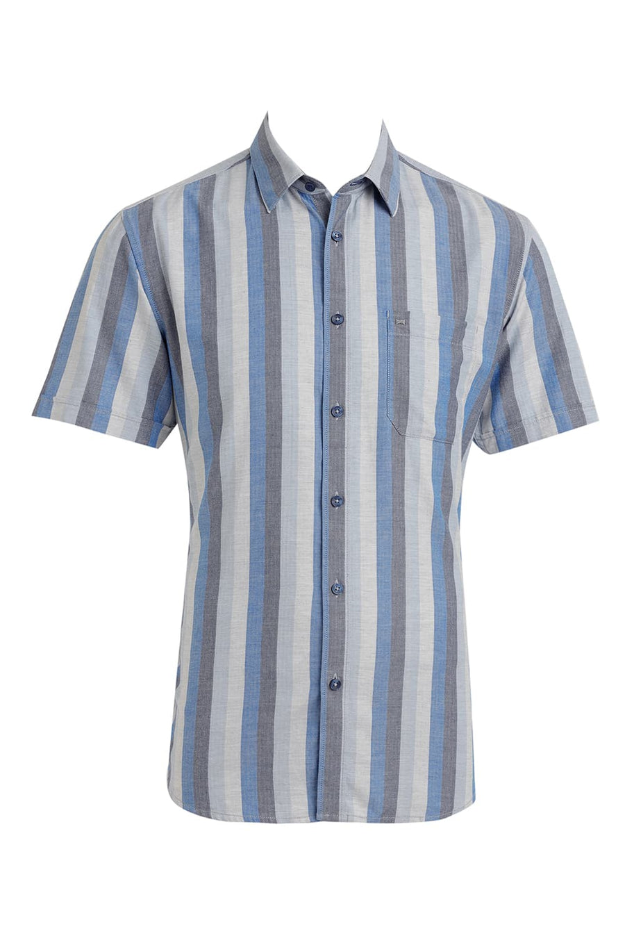 BASICS SLIM FIT BLUE ASTER COTTON MELANGE STRIPE HALFSLEEVES SHIRT
