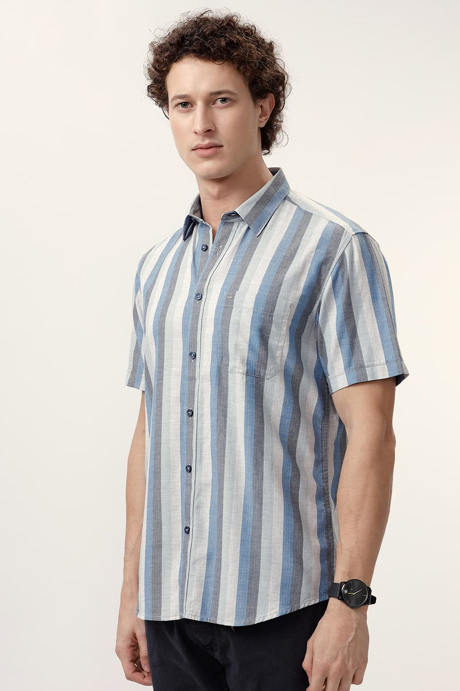 BASICS SLIM FIT BLUE ASTER COTTON MELANGE STRIPE HALFSLEEVES SHIRT
