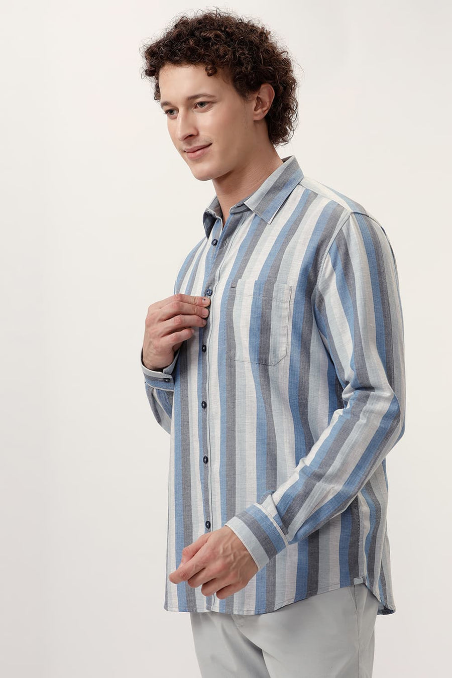 BASICS SLIM FIT BLUE ASTER COTTON MELANGE STRIPE SHIRT