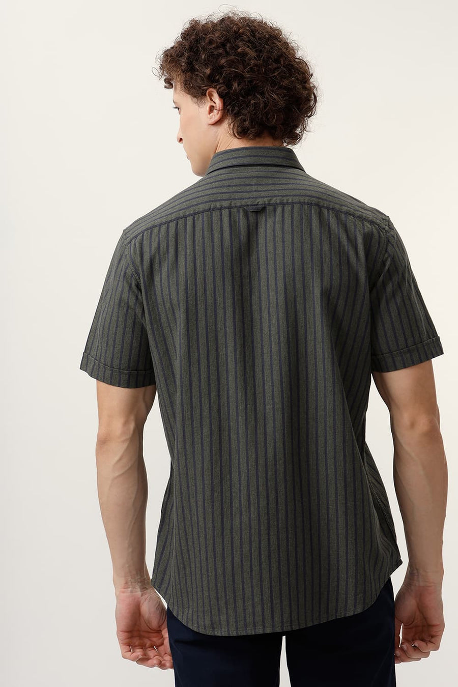 BASICS SLIM FIT SPRAY GREEN COTTON MELANGE STRIPE HALFSLEEVES SHIRT