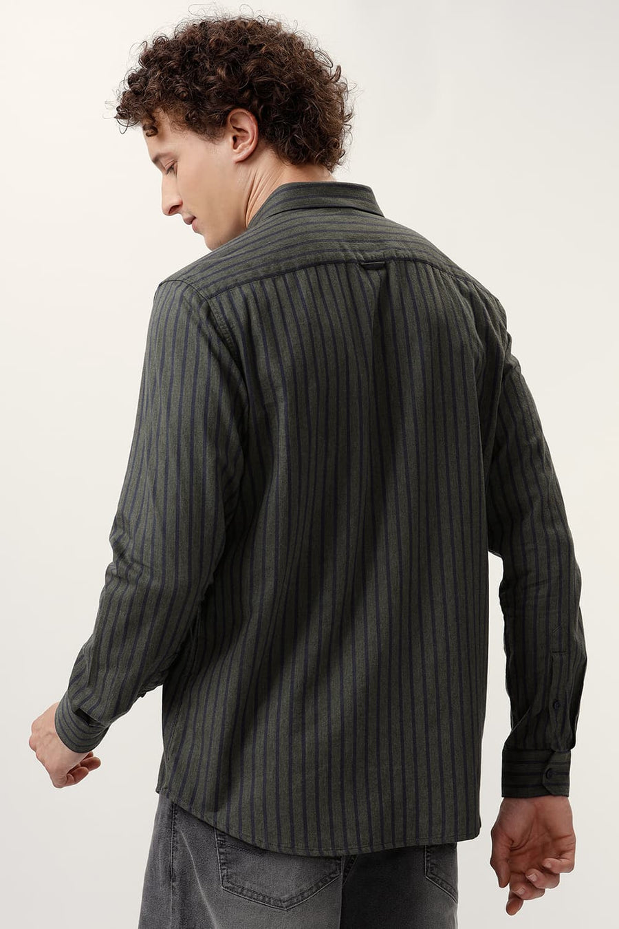 BASICS SLIM FIT SPRAY GREEN COTTON MELANGE STRIPE SHIRT
