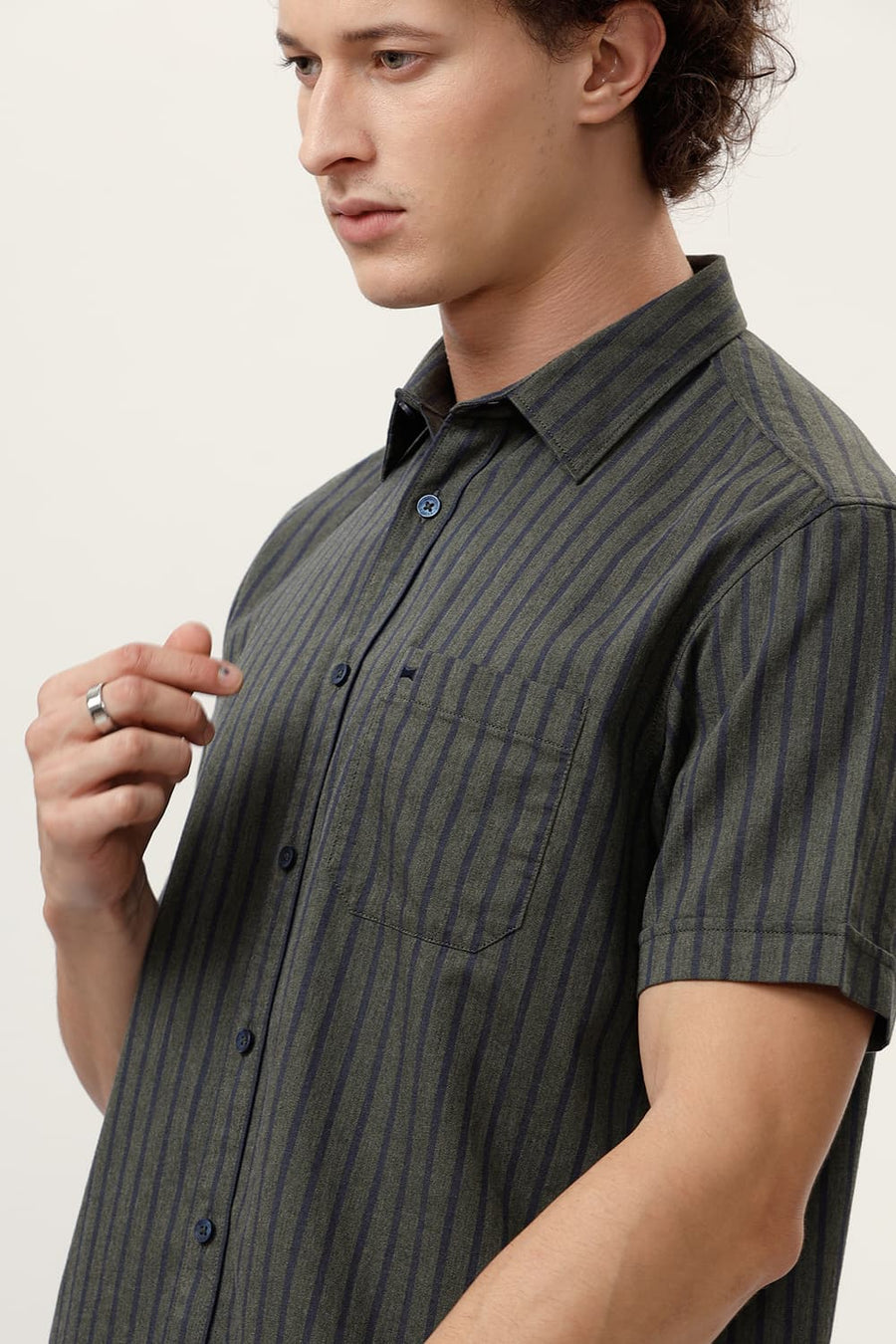 BASICS SLIM FIT SPRAY GREEN COTTON MELANGE STRIPE HALFSLEEVES SHIRT