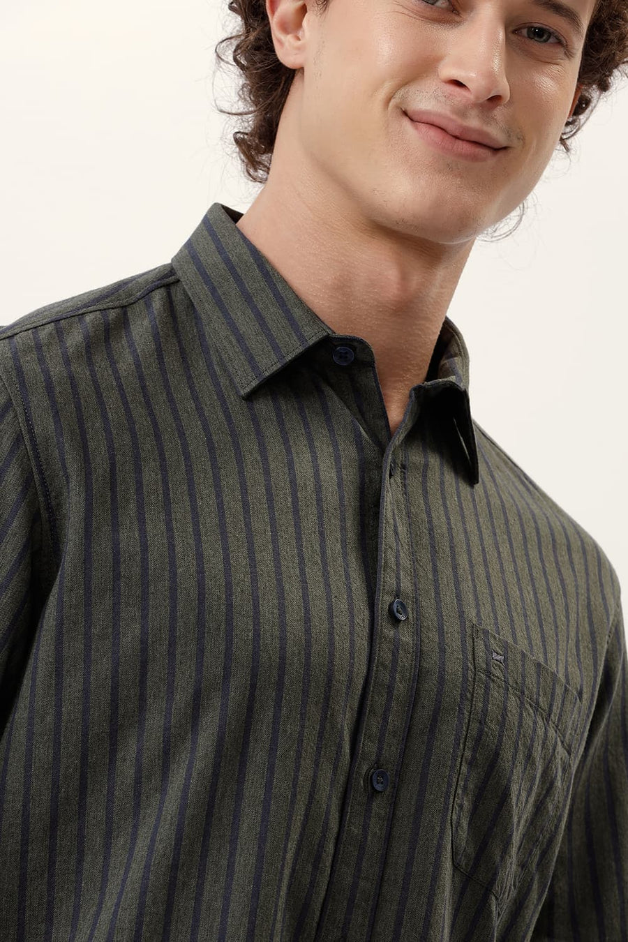 BASICS SLIM FIT SPRAY GREEN COTTON MELANGE STRIPE SHIRT