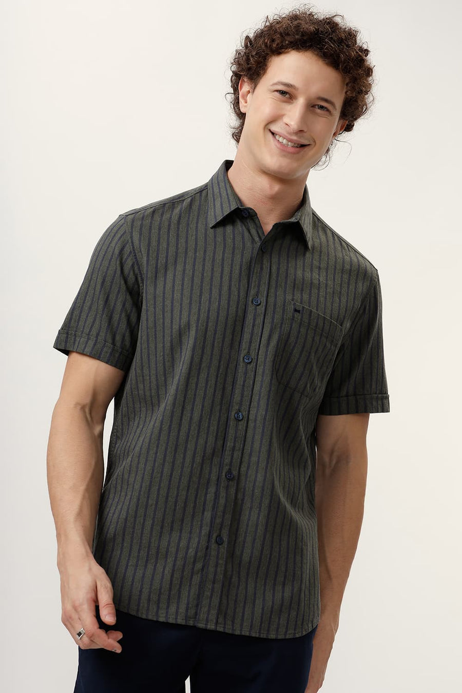 BASICS SLIM FIT SPRAY GREEN COTTON MELANGE STRIPE HALFSLEEVES SHIRT