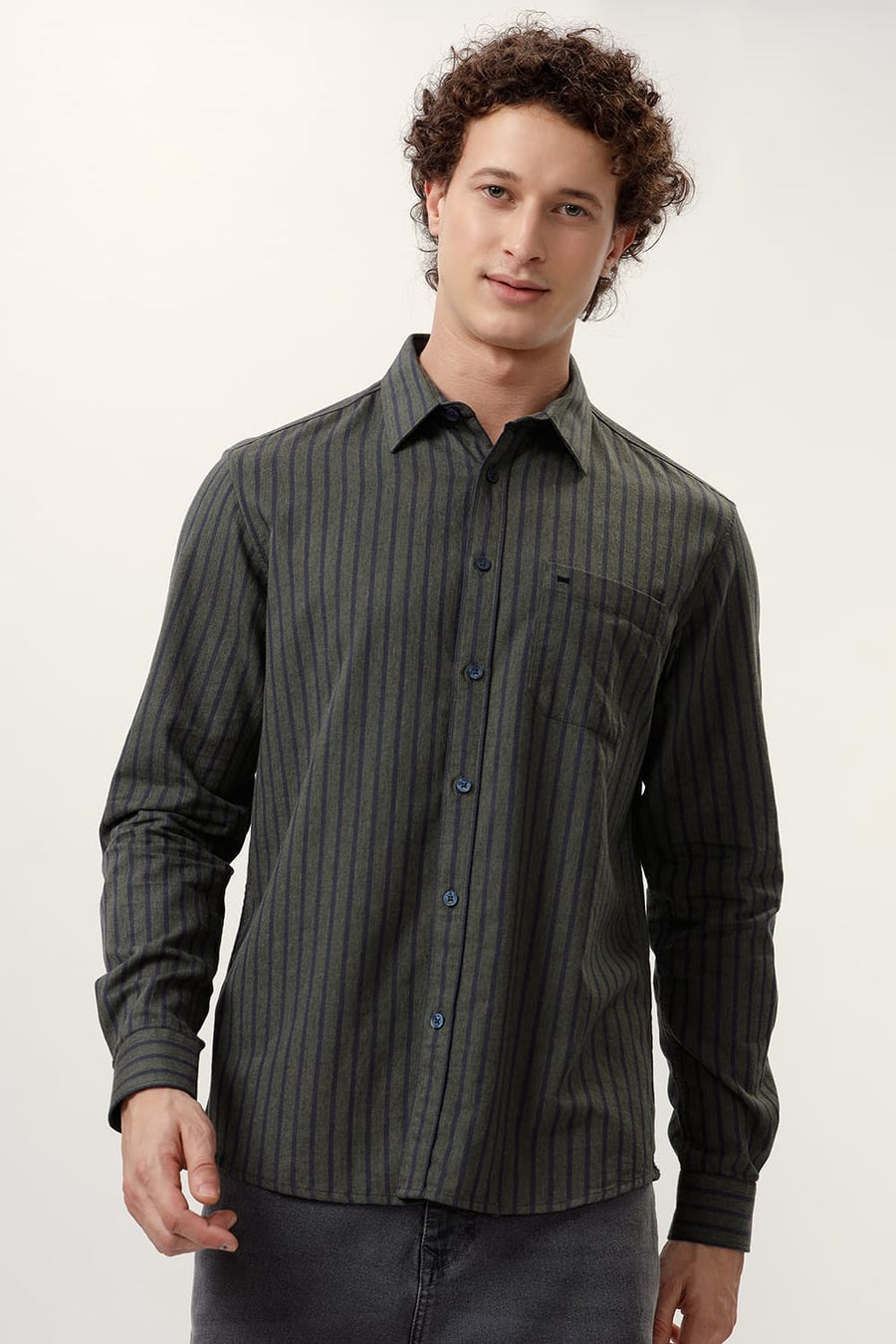 BASICS SLIM FIT SPRAY GREEN COTTON MELANGE STRIPE SHIRT