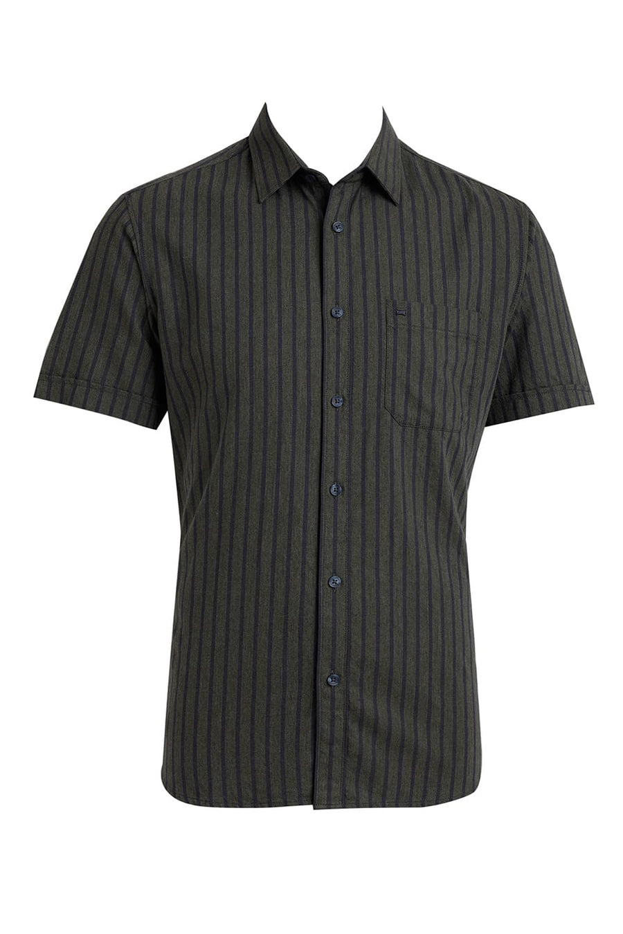 BASICS SLIM FIT SPRAY GREEN COTTON MELANGE STRIPE HALFSLEEVES SHIRT
