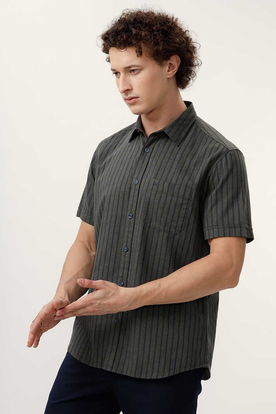 BASICS SLIM FIT SPRAY GREEN COTTON MELANGE STRIPE HALFSLEEVES SHIRT