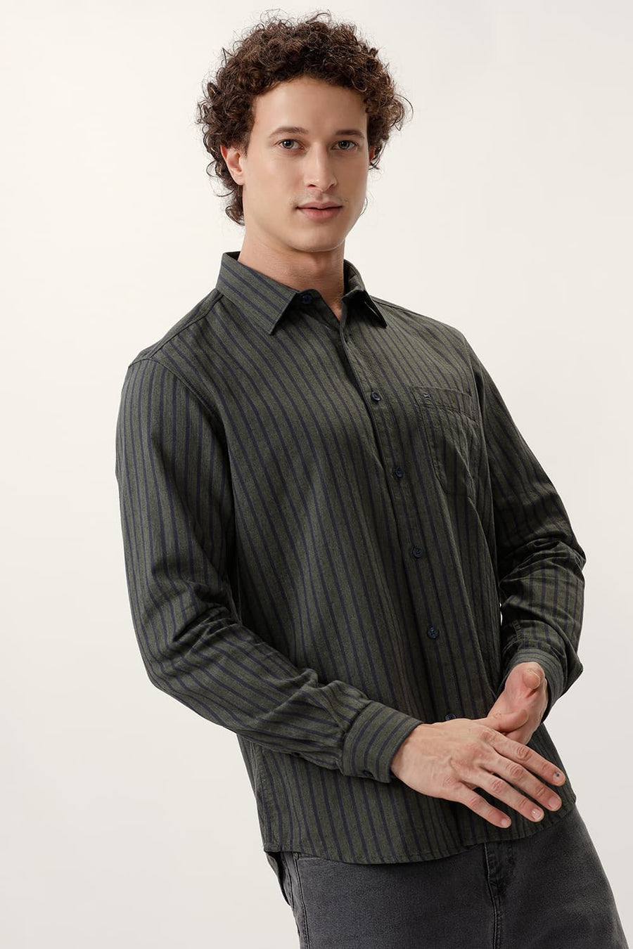 BASICS SLIM FIT SPRAY GREEN COTTON MELANGE STRIPE SHIRT