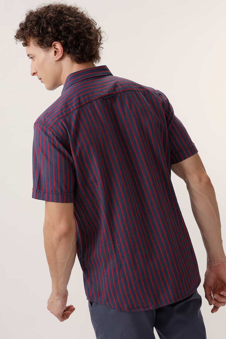 BASICS SLIM FIT AEGEAN BLUE COTTON MELANGE STRIPE HALFSLEEVES SHIRT