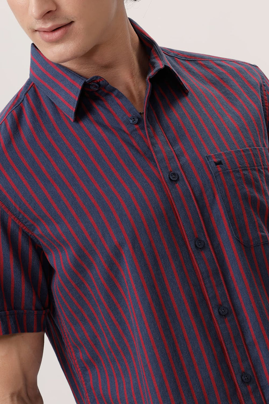 BASICS SLIM FIT AEGEAN BLUE COTTON MELANGE STRIPE HALFSLEEVES SHIRT