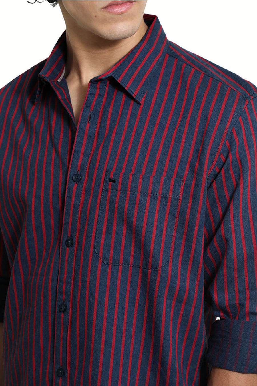 BASICS SLIM FIT AEGEAN BLUE COTTON MELANGE STRIPE SHIRT