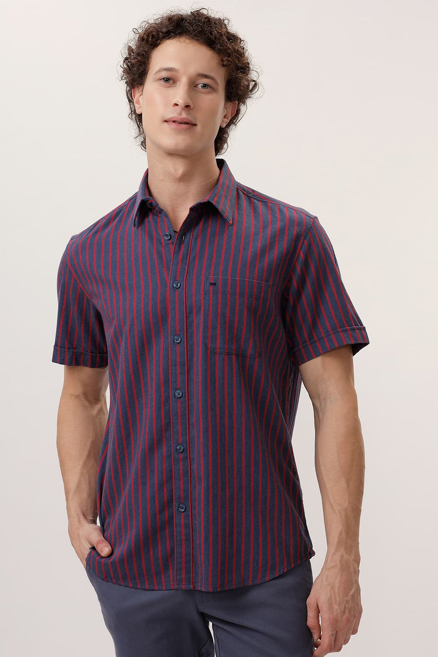 BASICS SLIM FIT AEGEAN BLUE COTTON MELANGE STRIPE HALFSLEEVES SHIRT