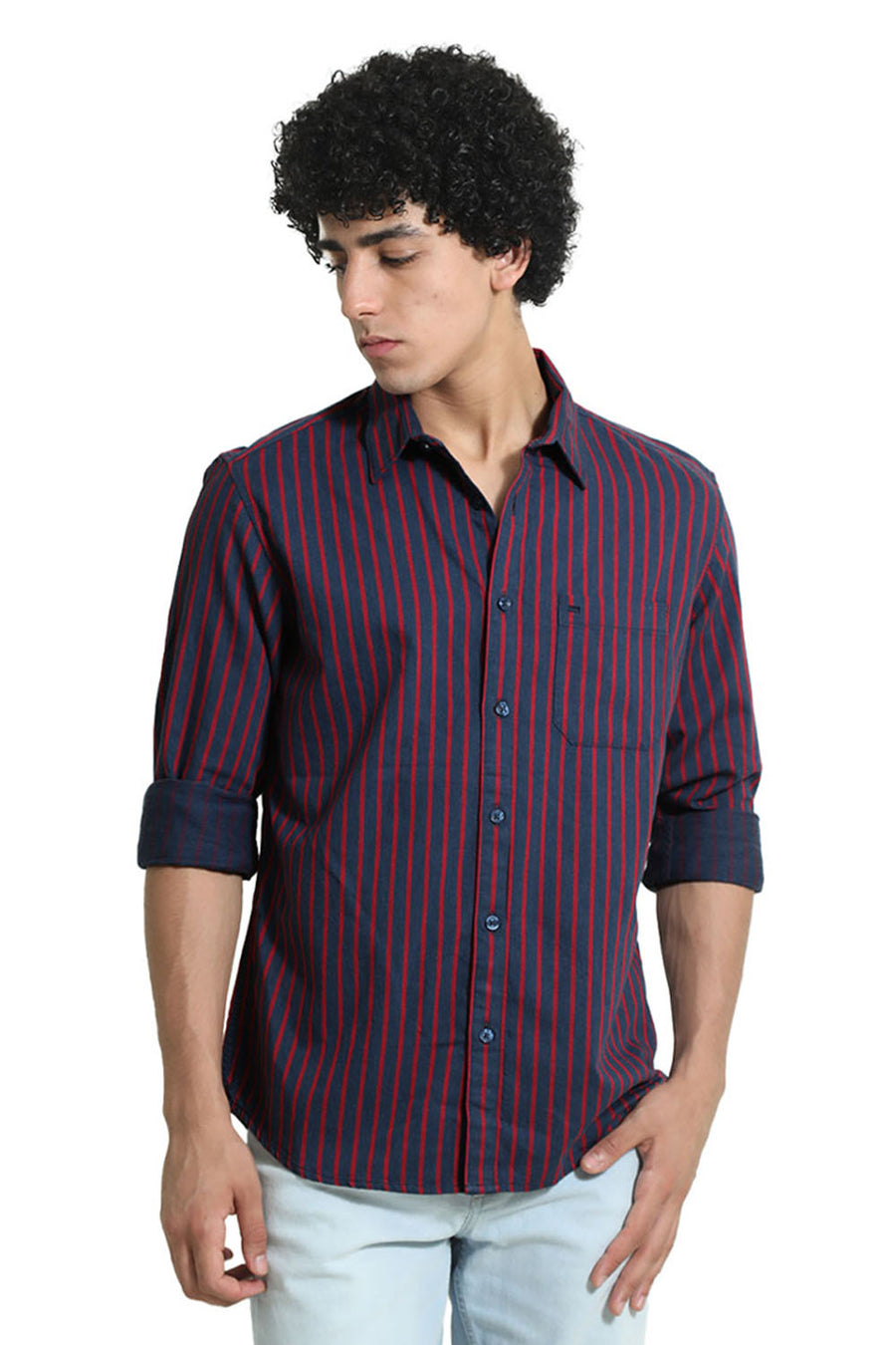 BASICS SLIM FIT AEGEAN BLUE COTTON MELANGE STRIPE SHIRT