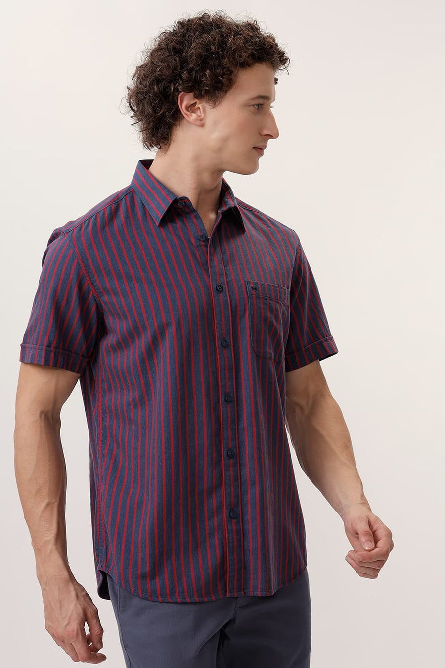 BASICS SLIM FIT AEGEAN BLUE COTTON MELANGE STRIPE HALFSLEEVES SHIRT