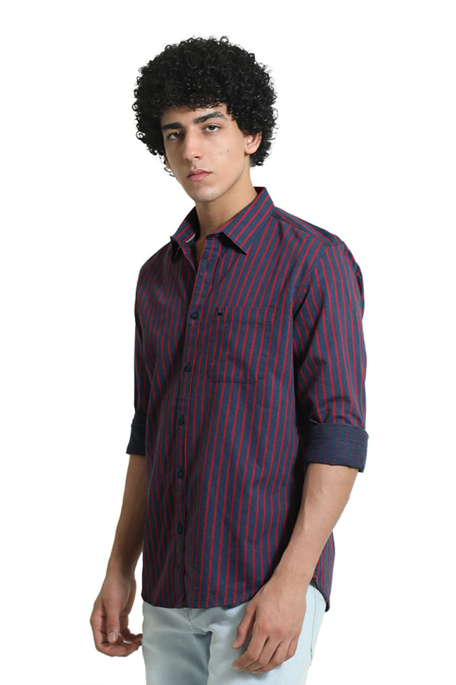 BASICS SLIM FIT AEGEAN BLUE COTTON MELANGE STRIPE SHIRT