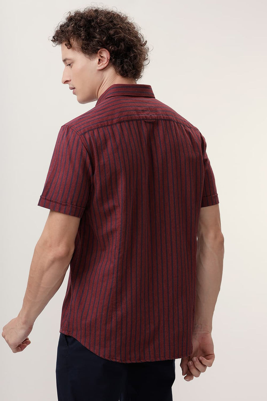 BASICS SLIM FIT RED PEAR COTTON MELANGE STRIPE HALFSLEEVES SHIRT