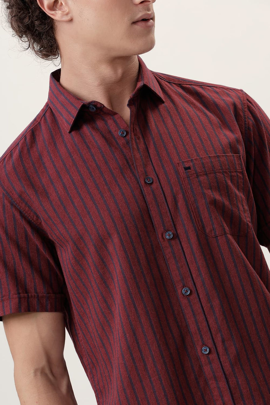 BASICS SLIM FIT RED PEAR COTTON MELANGE STRIPE HALFSLEEVES SHIRT