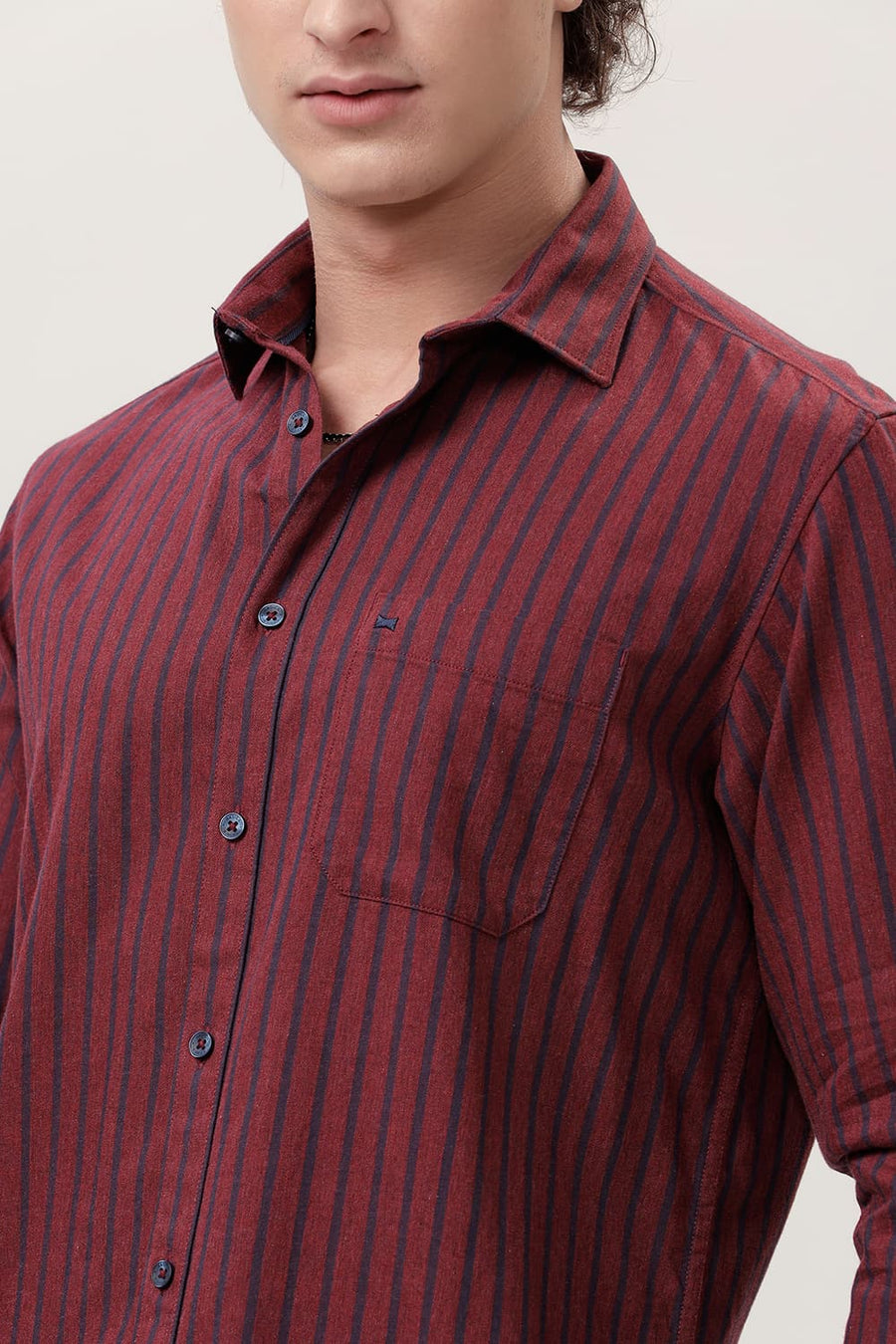 BASICS SLIM FIT RED PEAR COTTON MELANGE STRIPE SHIRT